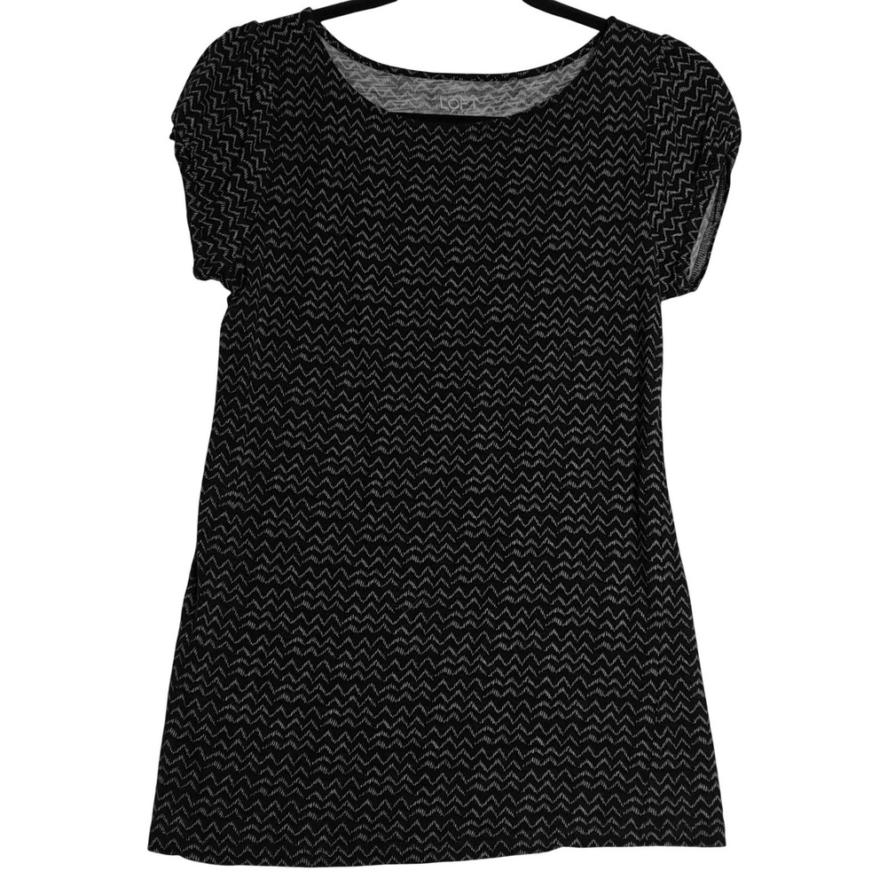 Ann Taylor Loft Chevron Top Womens Small Black White Zig Zag Puff Sleeve Scoop